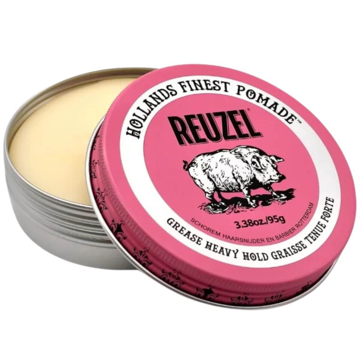 Reuzel Pink Pig- Różowa Pomada Woskowa Mocno Utrwalająca 95g Rozowa-puszka-woskowej-pomady-do-wlosow-Reuzel_-o-mocnym-chwycie_-z-wyraznym-napisem-HOLLANDS-FINEST-POMADE-oraz-grafika-swinki.-Produkt-otwarty_-ukazujacy-zolty_-gladki-wosk.-Puszke-przedstawiono-z-boku_-na-jednoli