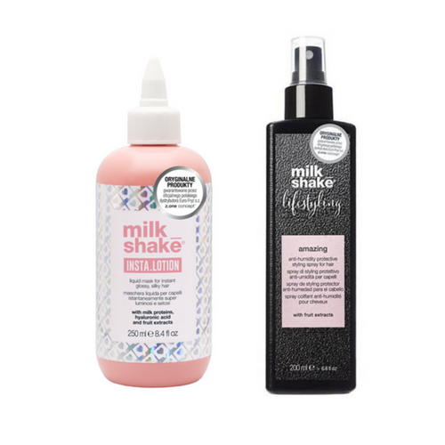 Milk Shake Zestaw Lifestyling Amazing Spray Do Stylizacji Włosów Zabezpieczający Przed Wilgocią 200ml + Milk Shake Insta.Lotion Płynna Maska do natychmiastowo błyszczących włosów 250ml