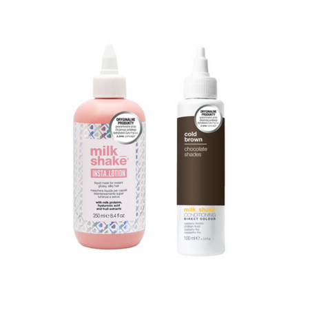 Milk Shake Zestaw Cold Brown Toner Odżywka Do Włosów Koloryzująca Zimny Brązowy 100ml + Insta.Lotion Płynna Maska do natychmiastowo błyszczących włosów 250ml